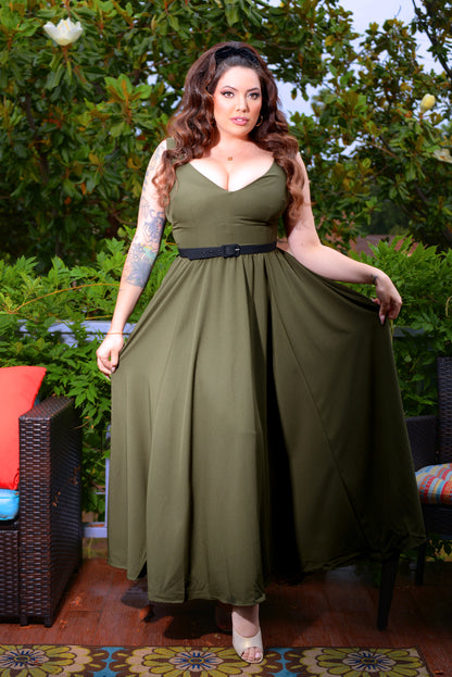 Final Sale - Tara Deep V-Neck 70s Maxi Dress in Solid Olive Stretch Crepe | Laura Byrnes