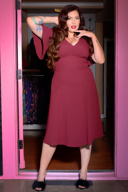 Viva 40s Flutter Sleeve Day Dress in Oxblood Stretch Crepe | Laura Byrnes Design