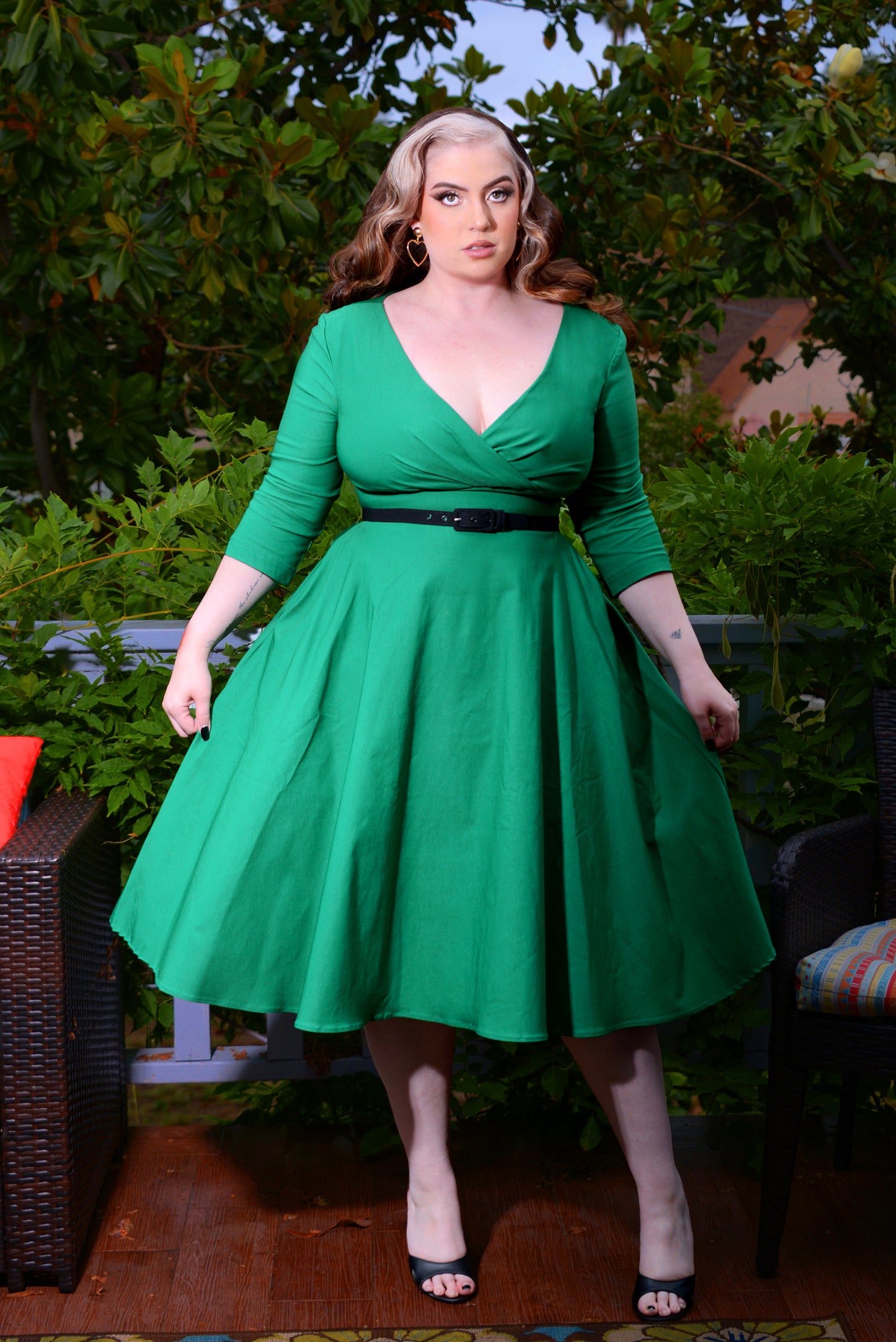 Erin Vintage Style Swing Dress in Kelly Green Bengaline | Pinup Couture