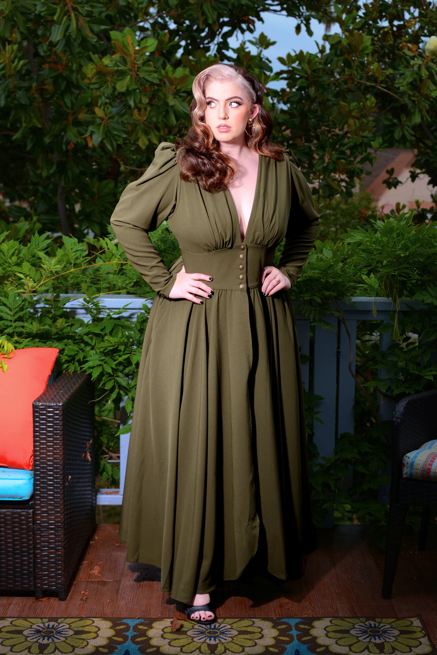 Clarice 40s Vintage Maxi Coat Dress in Olive Green Poly Crepe | Laura Byrnes Design