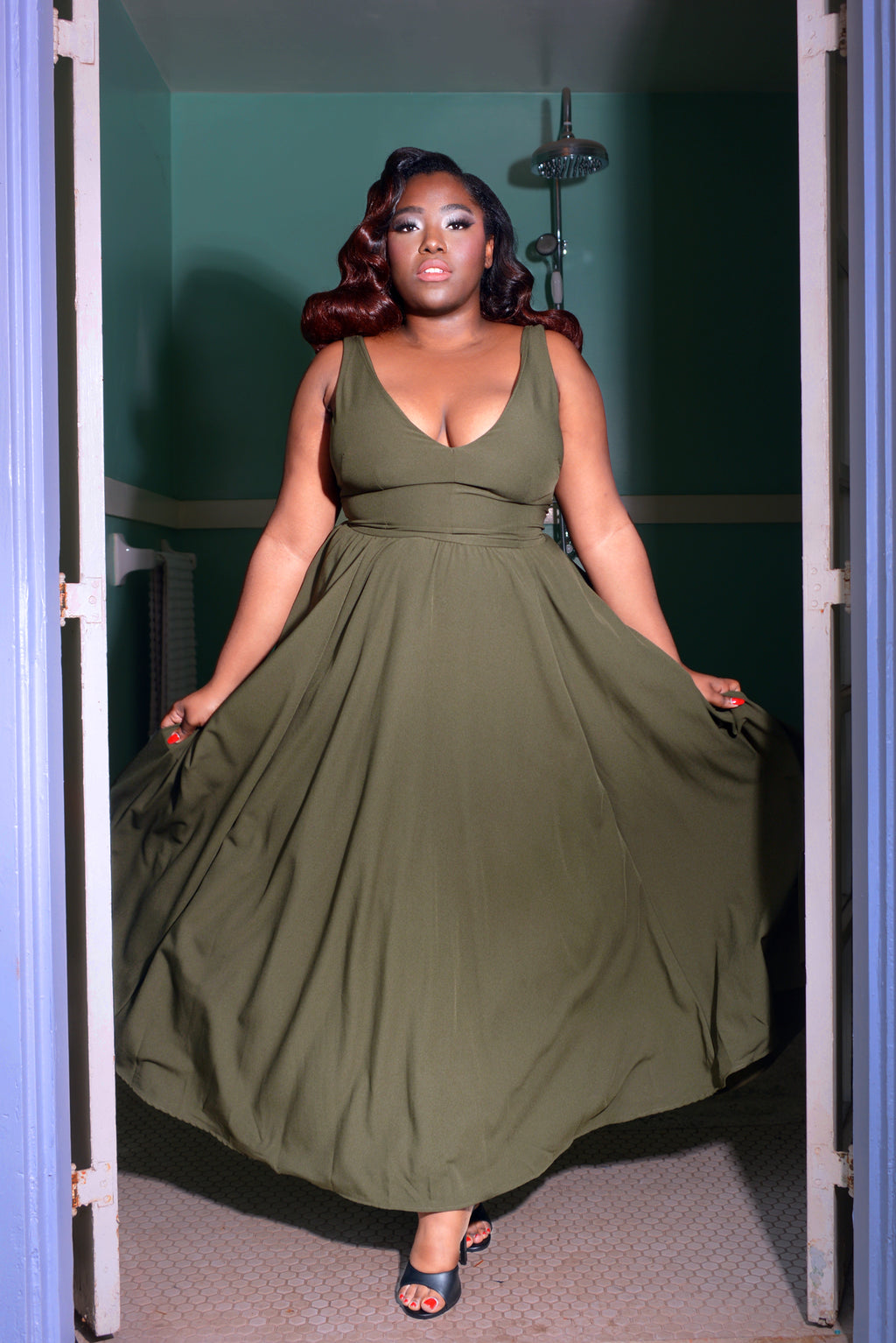 Tara Deep V-Neck 70s Maxi Dress in Solid Olive Stretch Crepe | Laura Byrnes