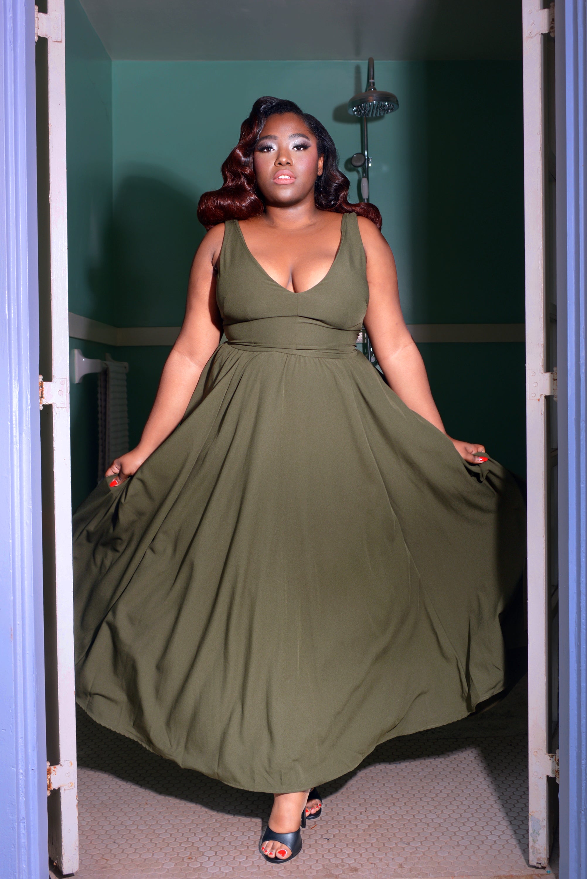 Tara Deep V-Neck 70s Maxi Dress in Solid Olive Stretch Crepe | Laura Byrnes