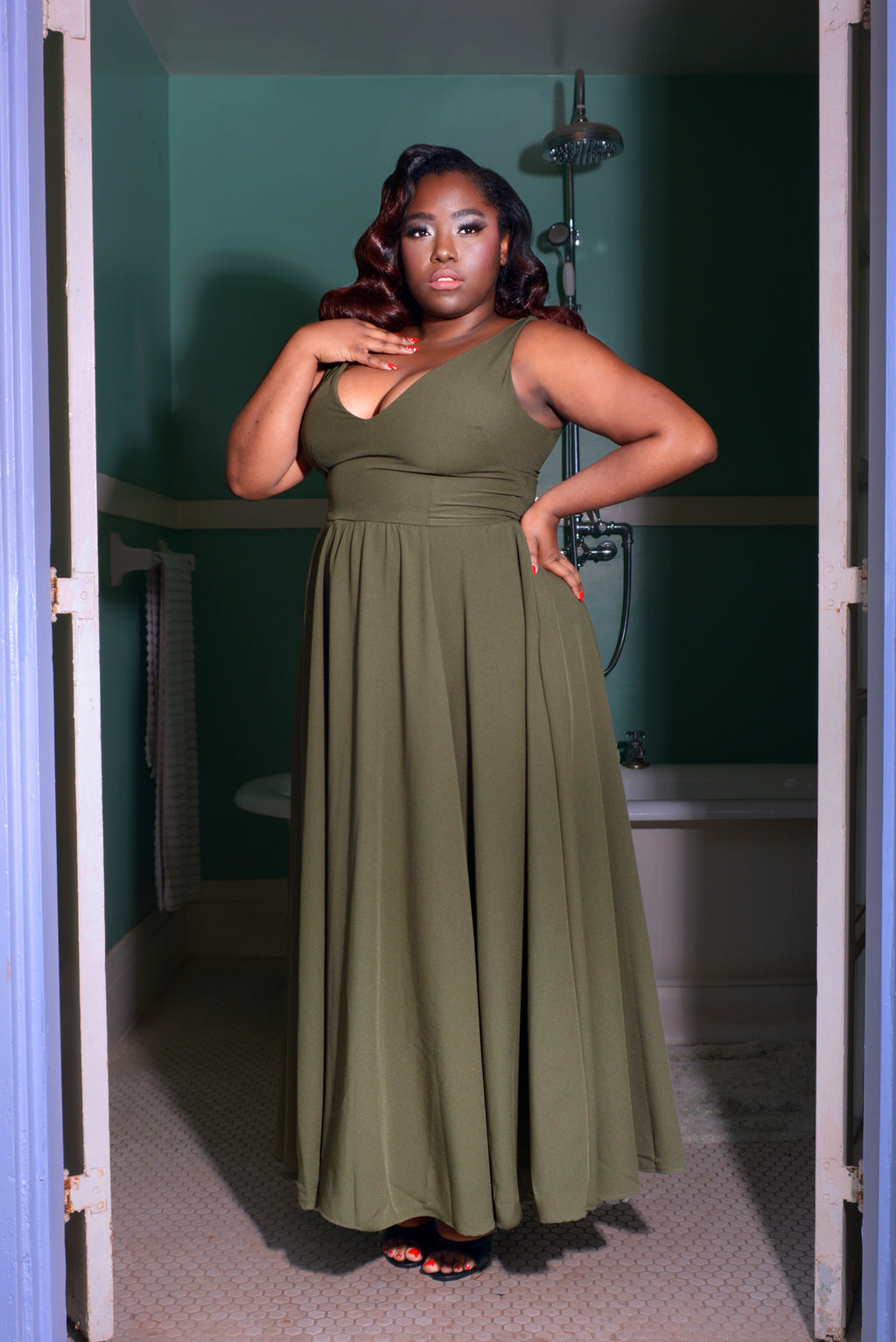 Tara Deep V-Neck 70s Maxi Dress in Solid Olive Stretch Crepe | Laura Byrnes