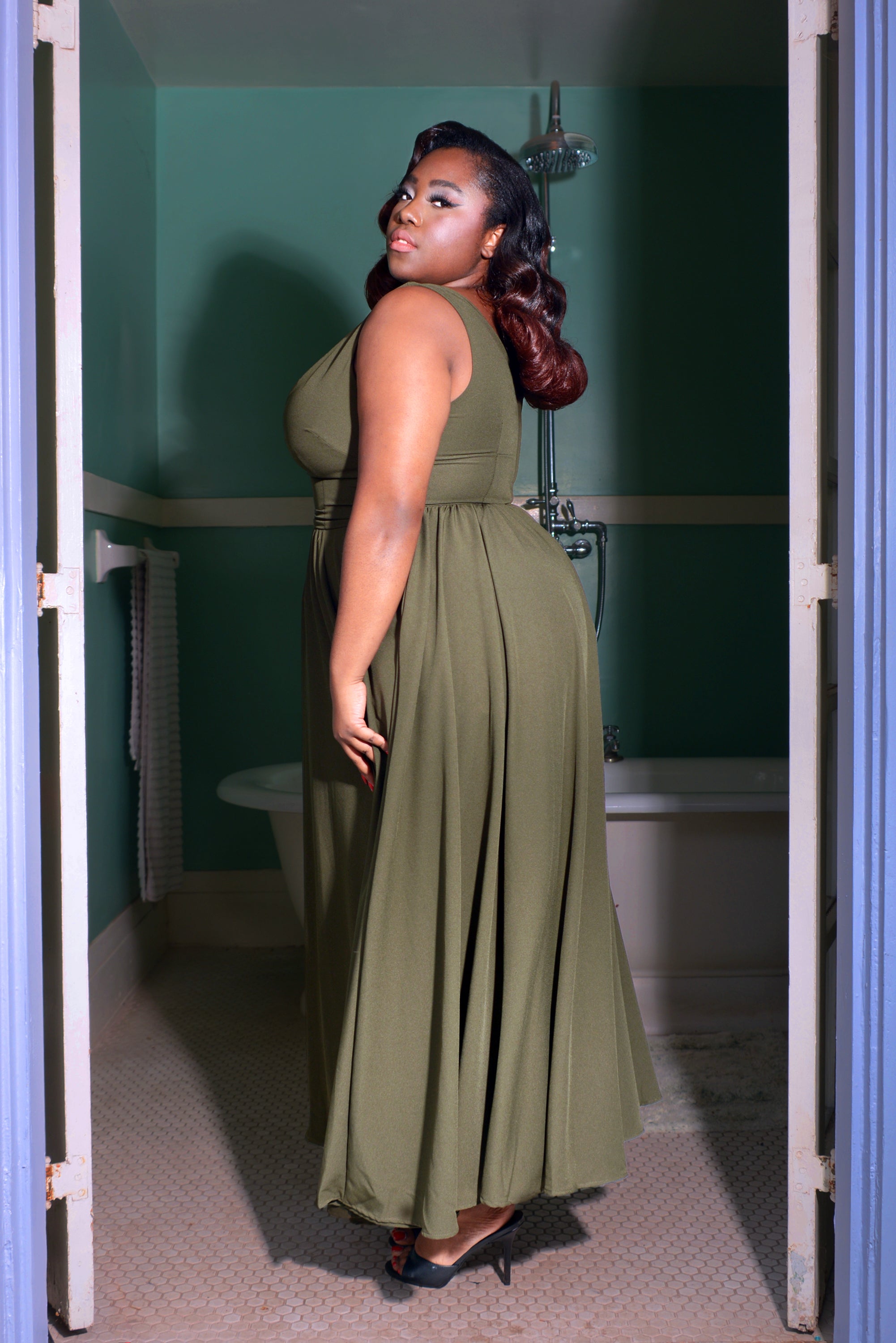 Tara Deep V-Neck 70s Maxi Dress in Solid Olive Stretch Crepe | Laura Byrnes
