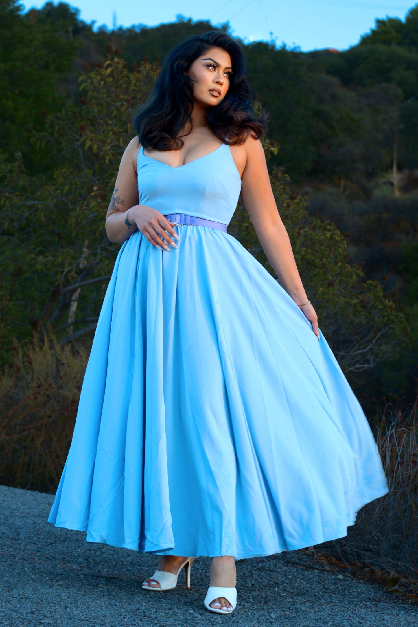 Final Sale - Amalie Ballerina Daytime Maxi Gown in Sky Blue Stretch Crepe | Laura Byrnes