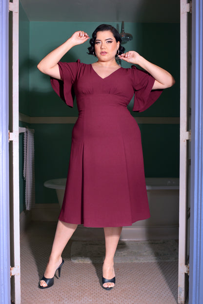 Viva 40s Flutter Sleeve Day Dress in Oxblood Stretch Crepe | Laura Byrnes Design