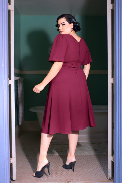 Viva 40s Flutter Sleeve Day Dress in Oxblood Stretch Crepe | Laura Byrnes Design