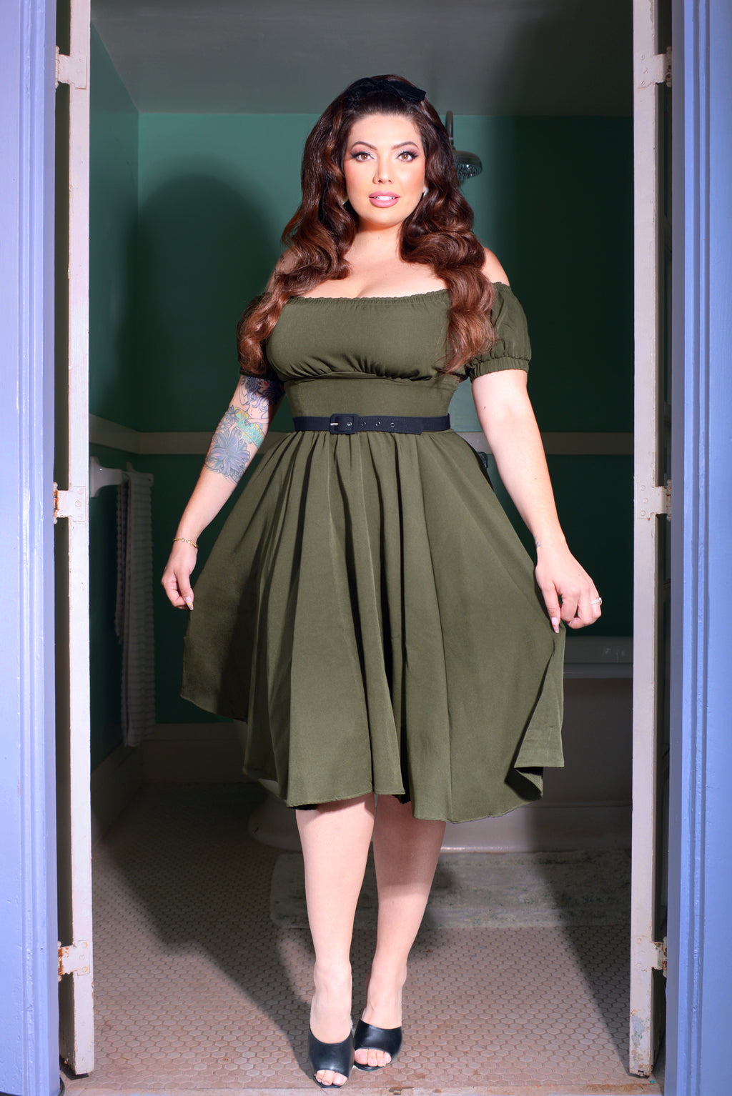 Marie-Therese Peasant Dress with Short Sleeves in Olive Poly Crepe | Pinup Couture