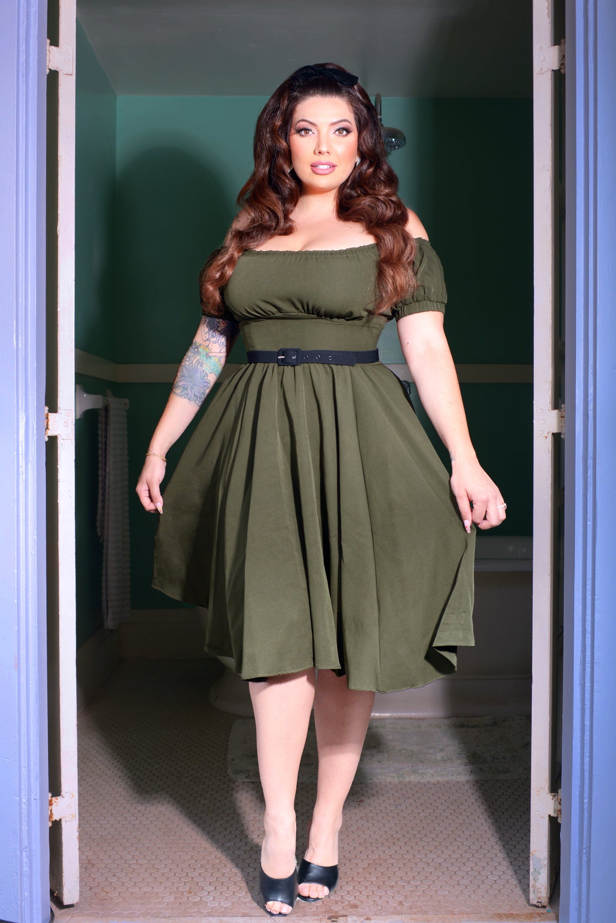 Marie-Therese Peasant Dress with Short Sleeves in Olive Poly Crepe | Pinup Couture