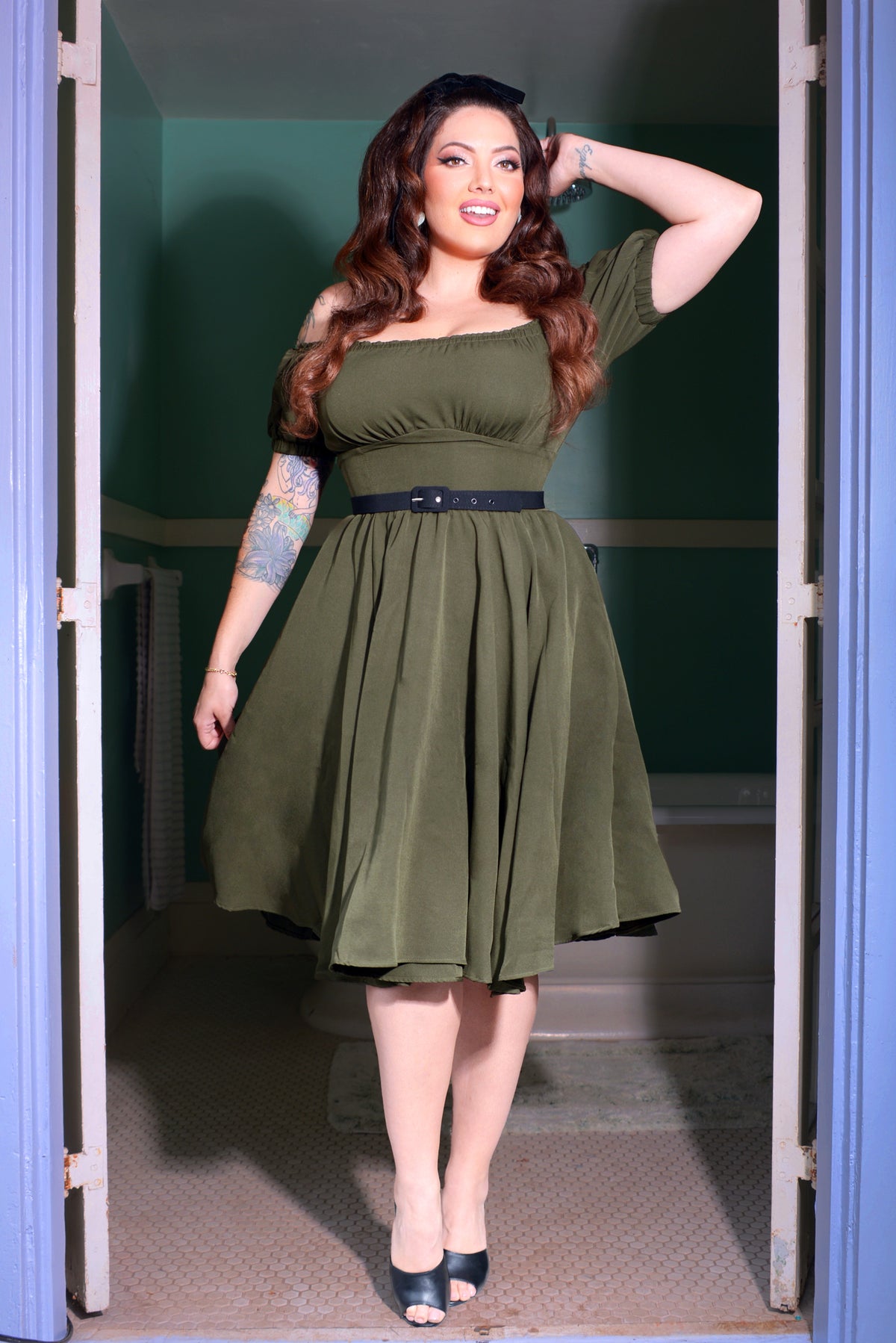 Marie-Therese Peasant Dress with Short Sleeves in Olive Poly Crepe | Pinup Couture