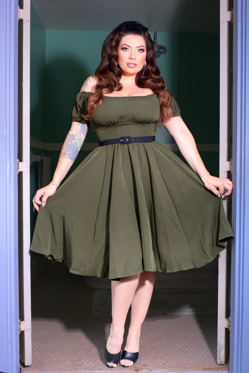 Marie-Therese Peasant Dress with Short Sleeves in Olive Poly Crepe | Pinup Couture