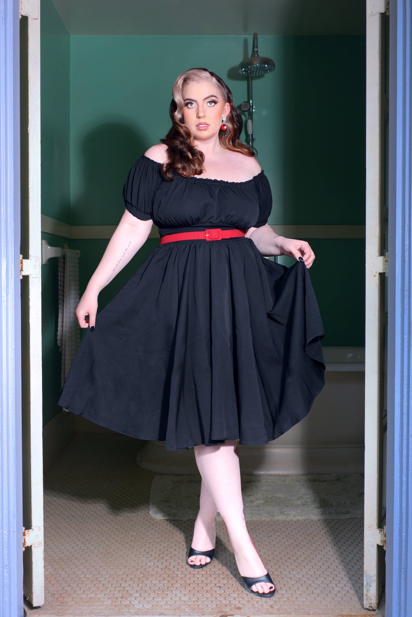 Final Sale - Marie-Thérèse Peasant Dress with Short Sleeves in Black Poly Crepe | Pinup Couture