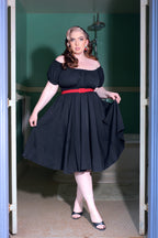 Marie-Therese Peasant Dress with Short Sleeves in Black Poly Crepe