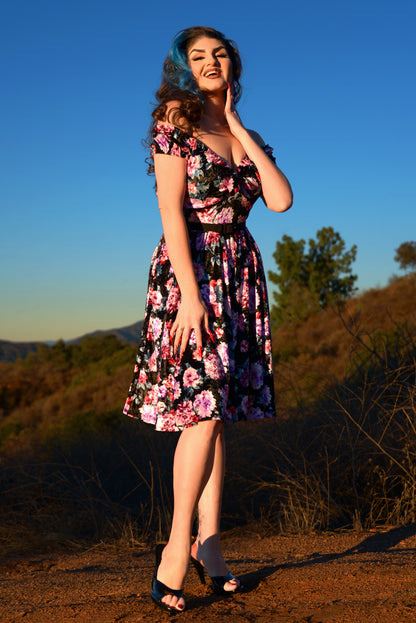 Final Sale - Natalie Swing Dress in Black Floral Stretch Velvet | Pinup Couture