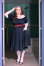 Marie-Therese Peasant Dress with Short Sleeves in Black Poly Crepe