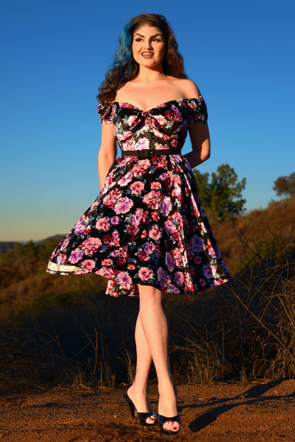 Final Sale - Natalie Swing Dress in Black Floral Stretch Velvet | Pinup Couture