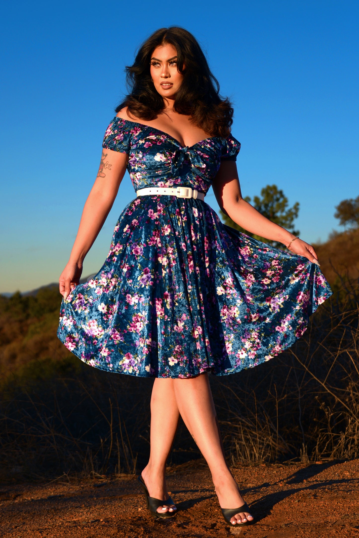 Natalie 90s Peasant Dress in Blue Floral Velvet | Pinup Couture