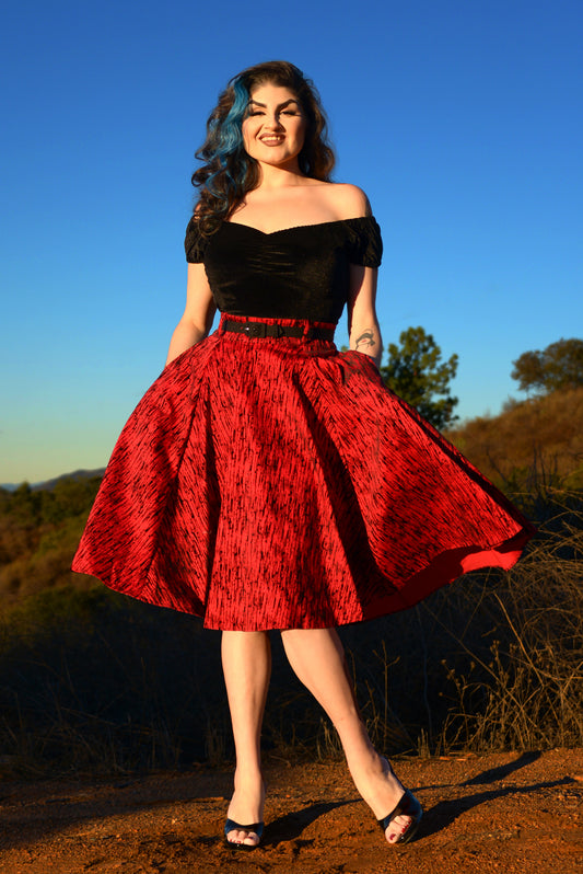 Final Sale - Doris Swing Skirt in Red Flocked Cotton Sateen | Pinup Couture