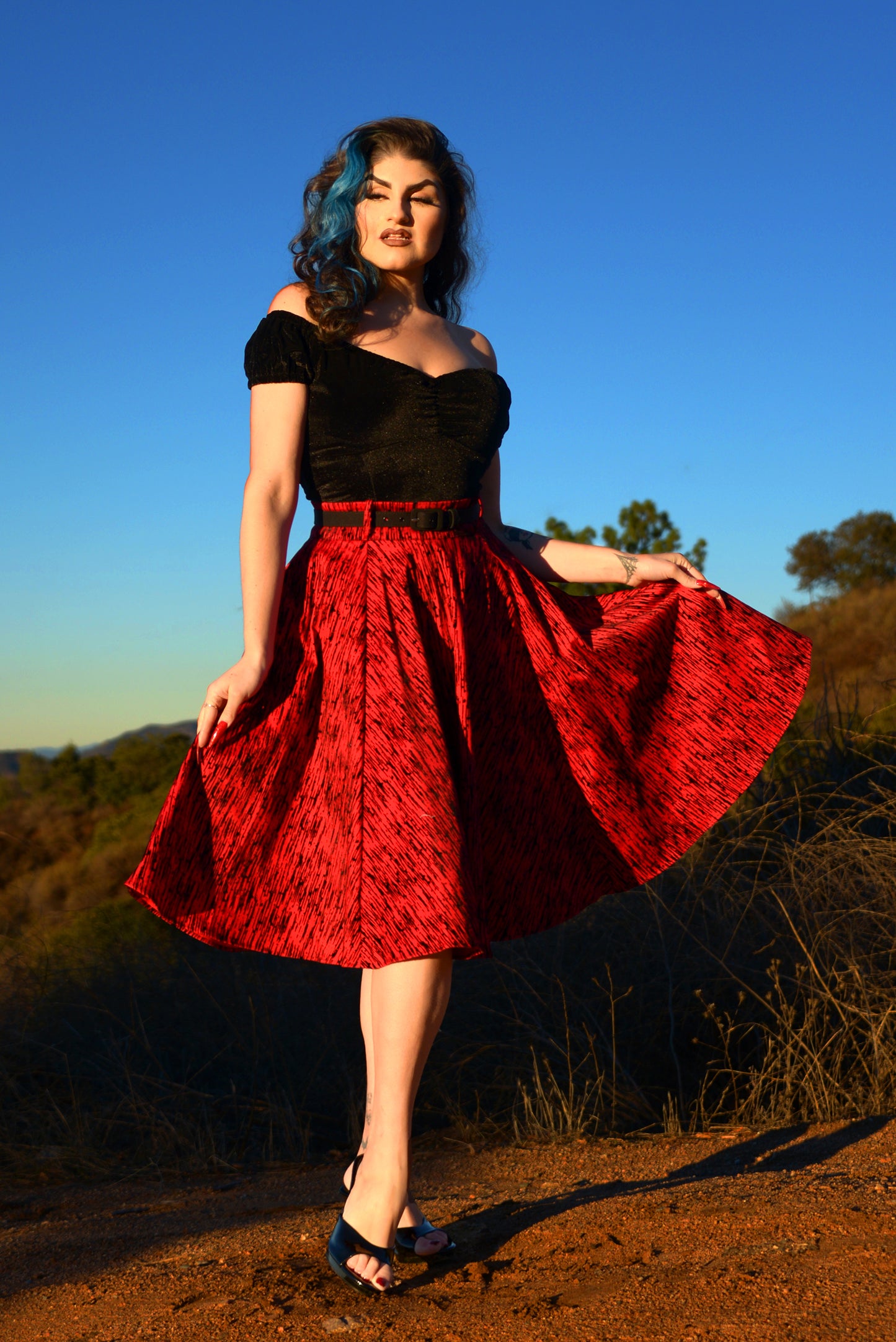 Final Sale - Doris Swing Skirt in Red Flocked Cotton Sateen | Pinup Couture