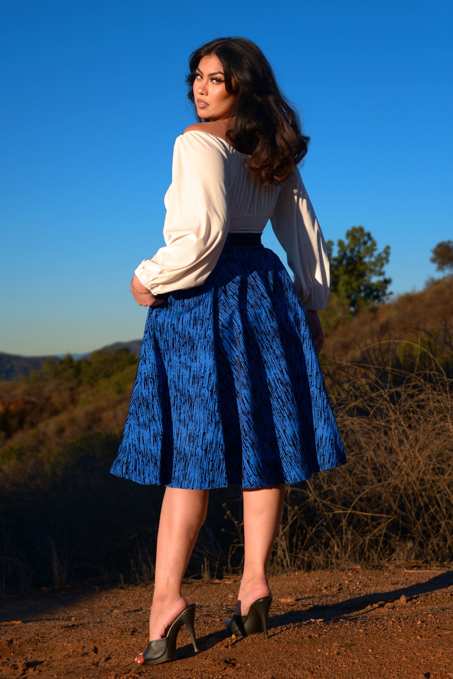 Final Sale - Doris Swing Skirt in Blue Flocked Cotton Sateen | Pinup Couture