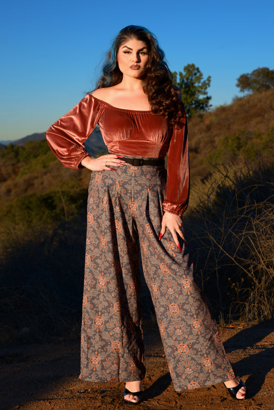 Final Sale - Swann Long Sleeve Peasant Top in Brown Stretch Velvet | Pinup Couture