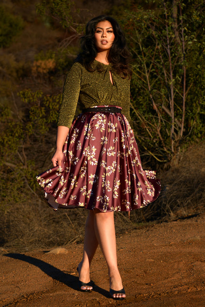 Final Sale - Gathered Circle Skirt in Burgundy Juniper Berries Satin | Laura Byrnes & Hope Johnstun