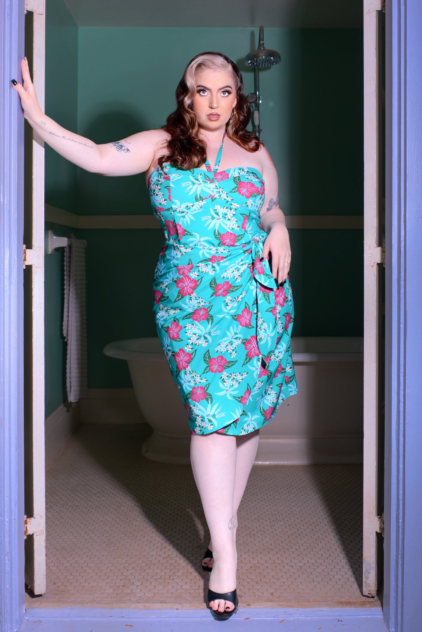 OYS - S - M - L - XL - 2X - Final Sale - Serena Sarong Wiggle Dress in Tropical Hibiscus Print | Laura Byrnes & Hope Johnstun