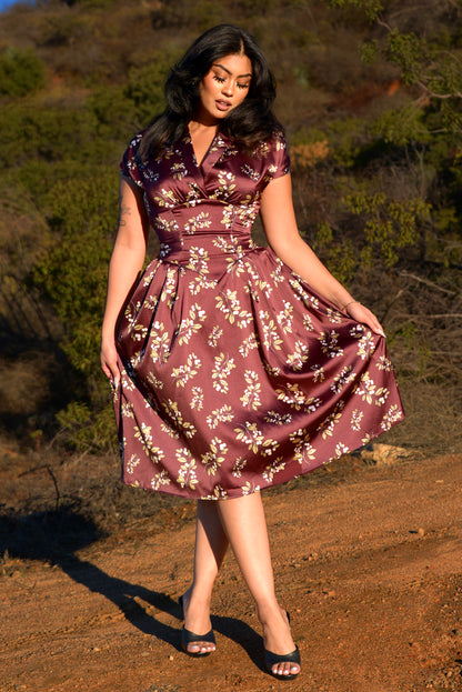 Final Sale - Nadia Swing Dress in Burgundy Juniper Berries Satin | Laura Byrnes & Hope Johnstun