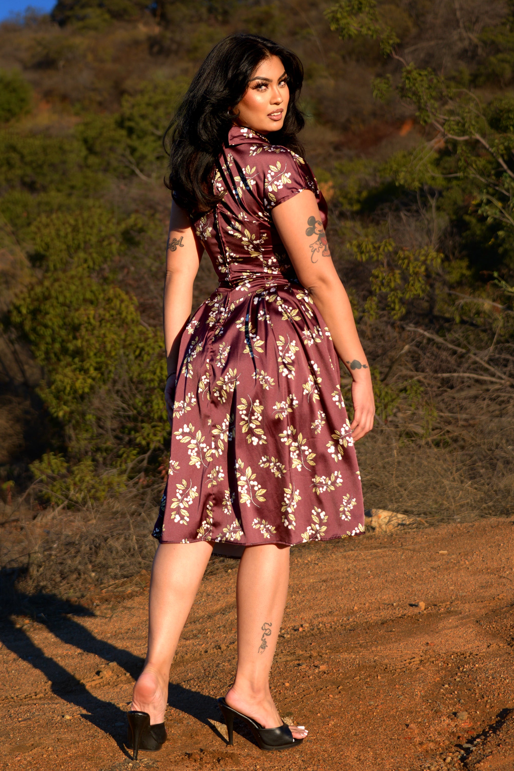 Nadia Swing Dress in Burgundy Juniper Berries Satin | Laura Byrnes & Hope  Johnstun