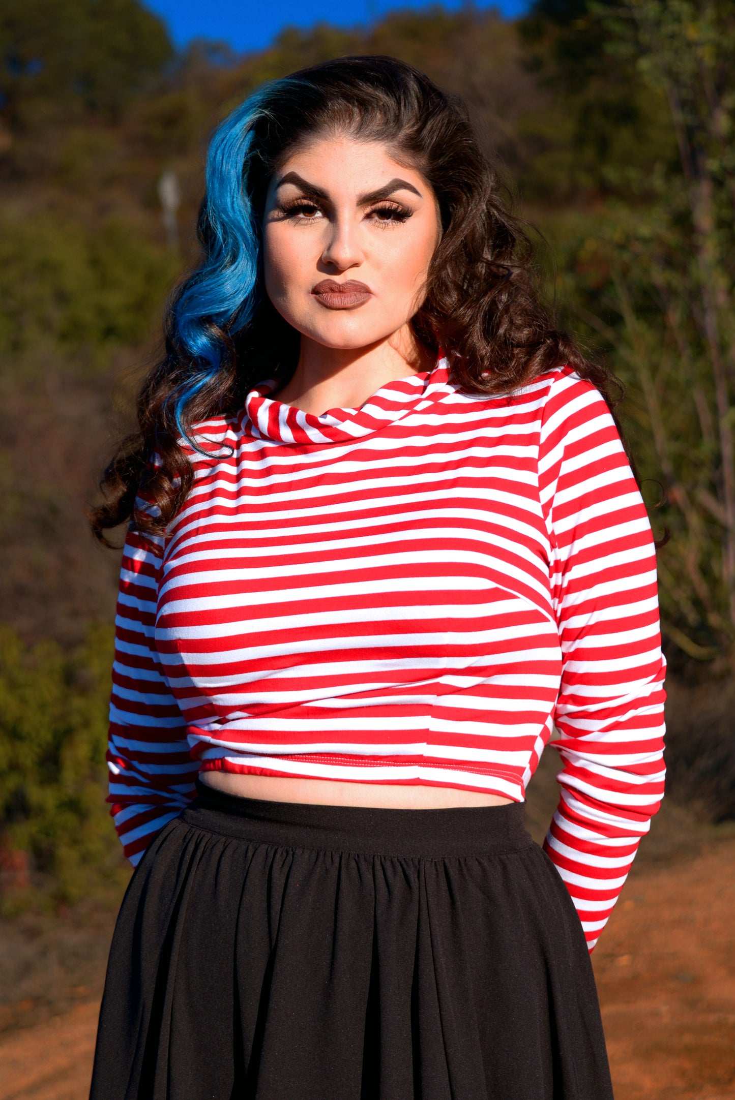 Joanna Long Sleeved Crop Top in Red and White Striped Knit | Deadly Dames