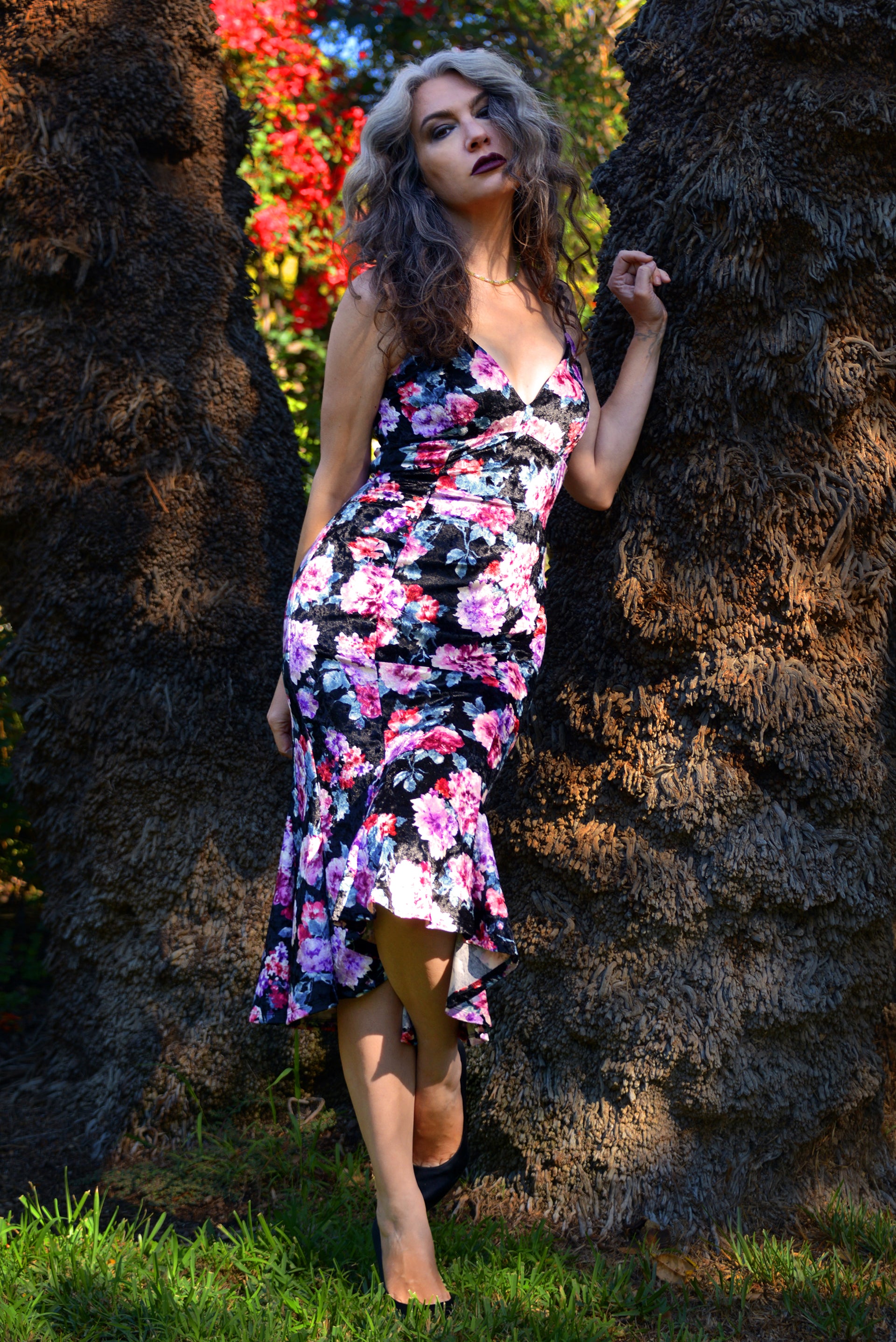 venus valentine midi dress Venus Midi Slip Dress in Black 70s Floral Stretch Velvet