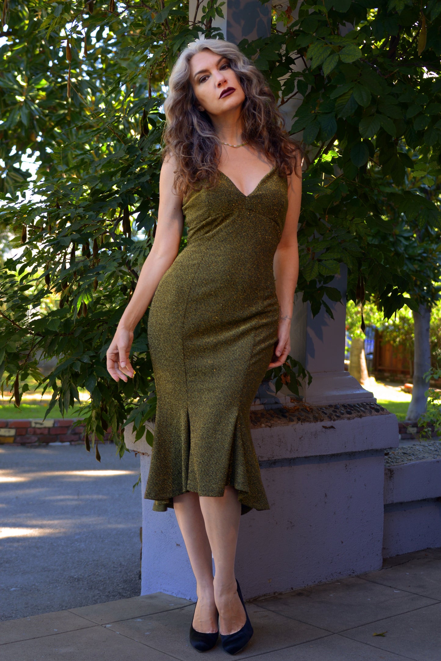 Venus Midi Slip Dress in Gold Stretch Lurex  Knit | Laura Byrnes Design