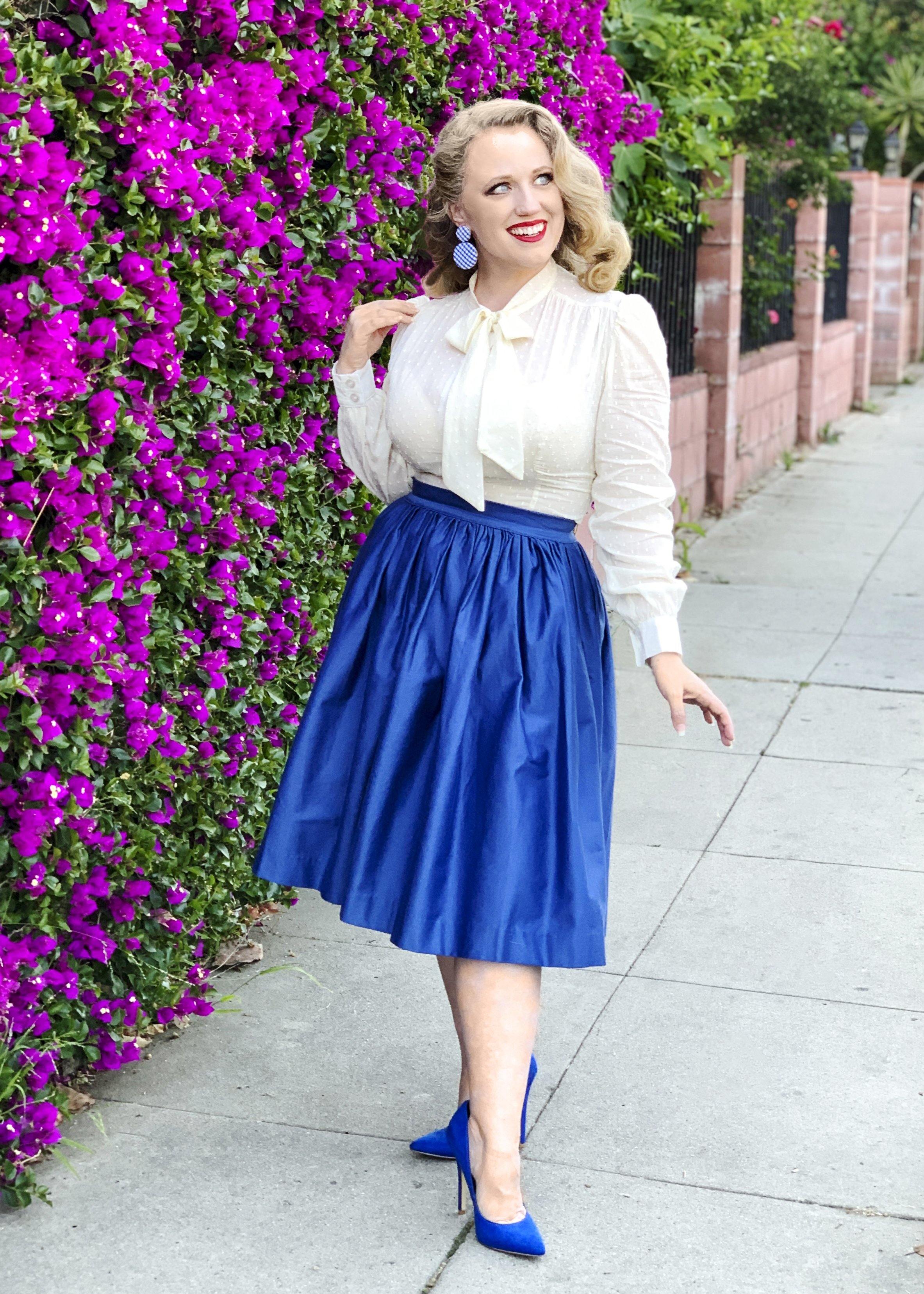 Bella Vintage Gathered Swing Skirt with Pockets in Solid Royal Blue Sateen | Pinup Couture - pinupgirlclothing.com