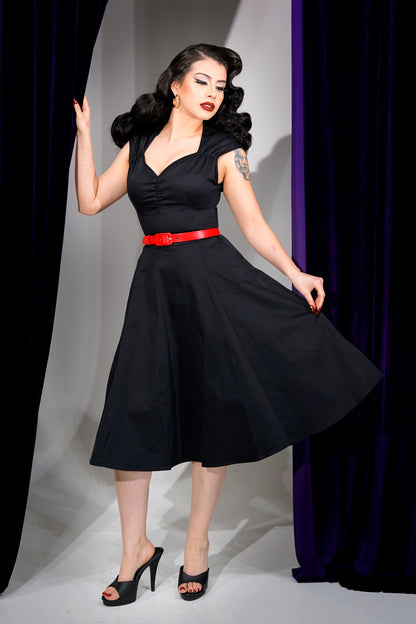 OYS -Final Sale - Heidi Vintage A-Line Dress in Solid Black Cotton Sateen | Pinup Couture