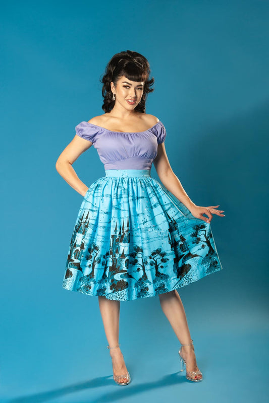 Final Sale - Bella Vintage Gathered Swing Skirt in Blue Castle Print | Pinup Couture