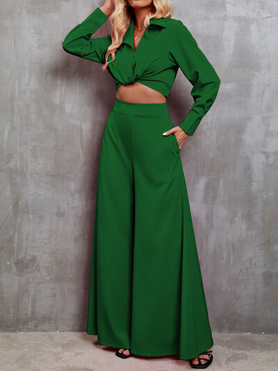 Basel Collared V-Neck Faux Wrap Long Sleeve Top and Wide Leg Pants Set | 4 Colors | Poundton
