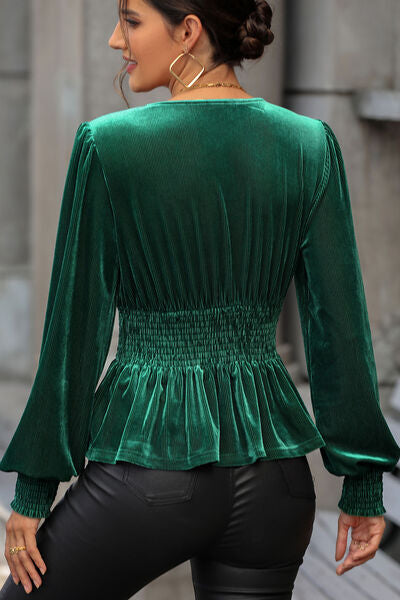 Andrea Fitted V-Neck Lantern Sleeve Peplum Blouse in Emerald Green Stretch Velvet