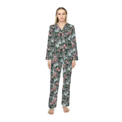 Pajama Game in J'adore Bella Roses Satin 2 Piece Button Up PJ Set | Pinup Couture Relaxed