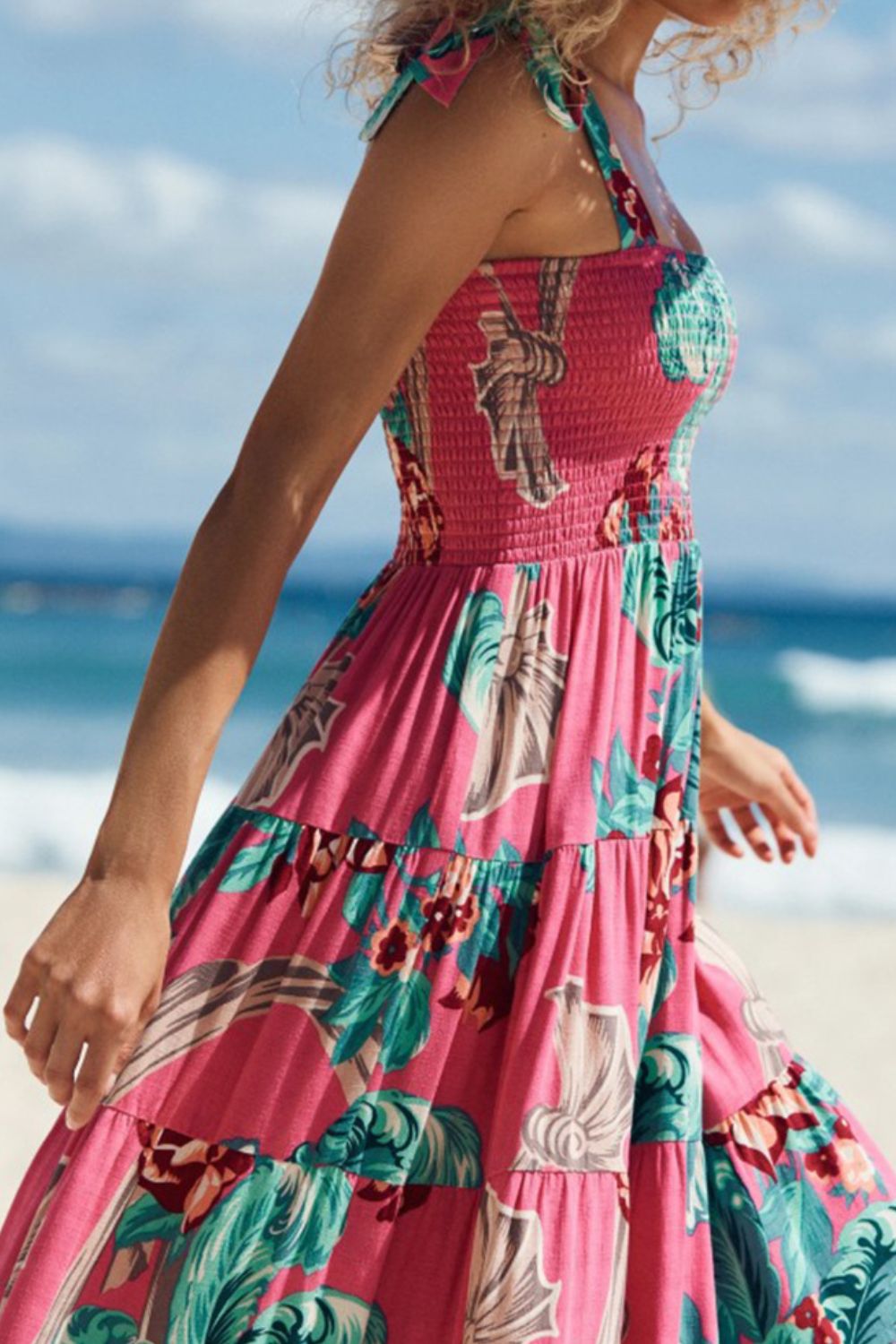 Messina Summer Floral Tie-Shoulder Dress in Pink & Turquoise