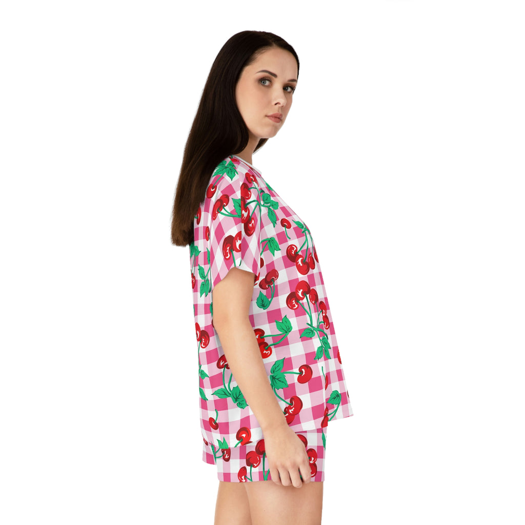 TGIF Sleepover PJs in Pink & White Gingham Cherry Girl Tee & Pajama Shorts-Set