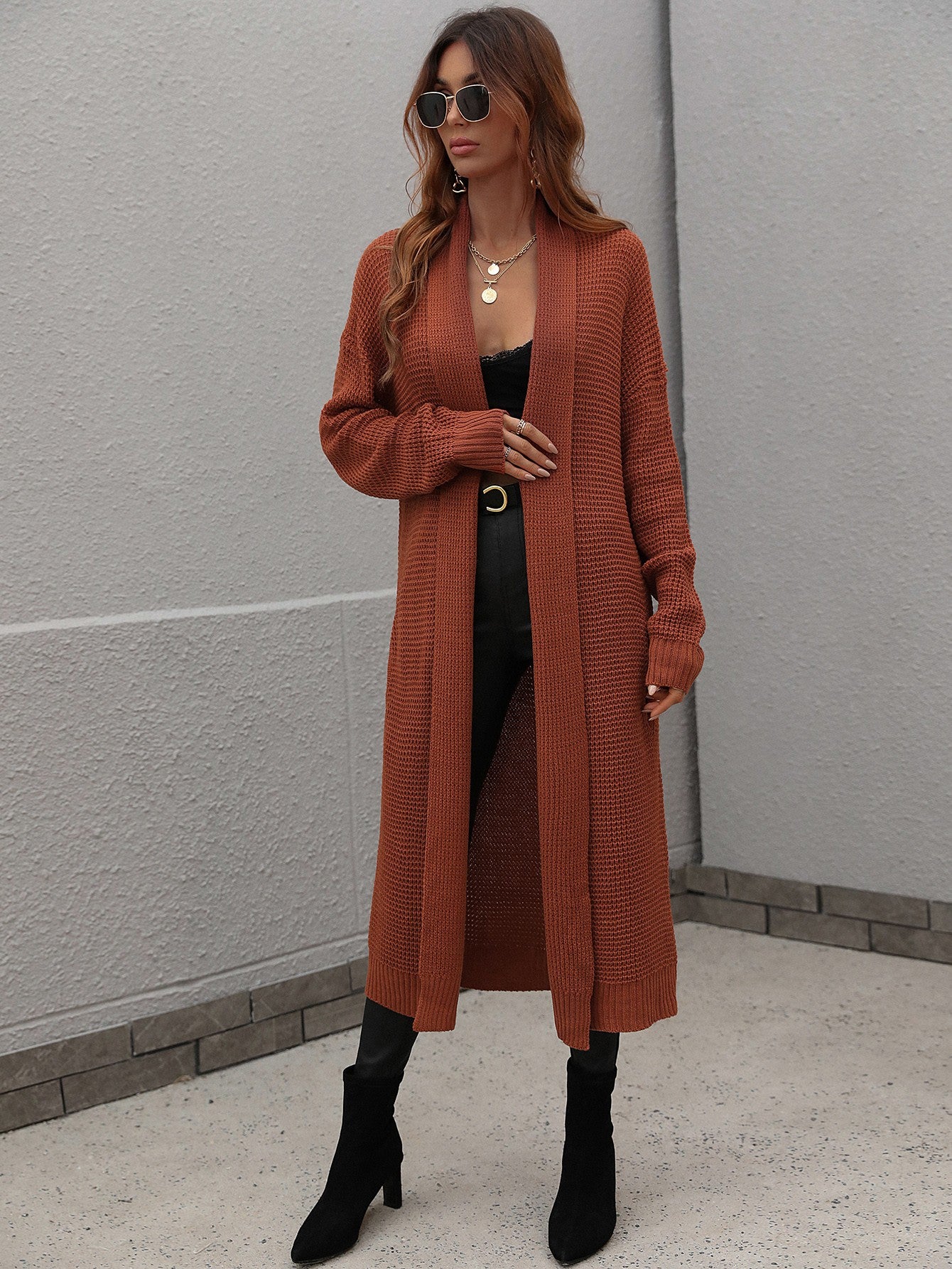 Waffle Knit Open Front Duster Cardigan With Pockets in Black, Red, Cream, Sienna, or Lavender