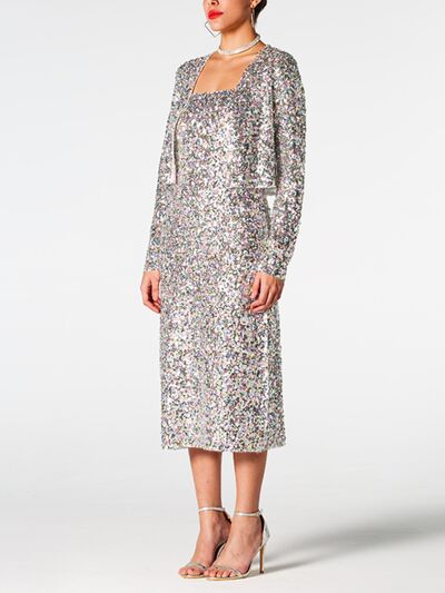 Lucille Sequin Cardigan and Straight Dress Set in Sparkly Silver