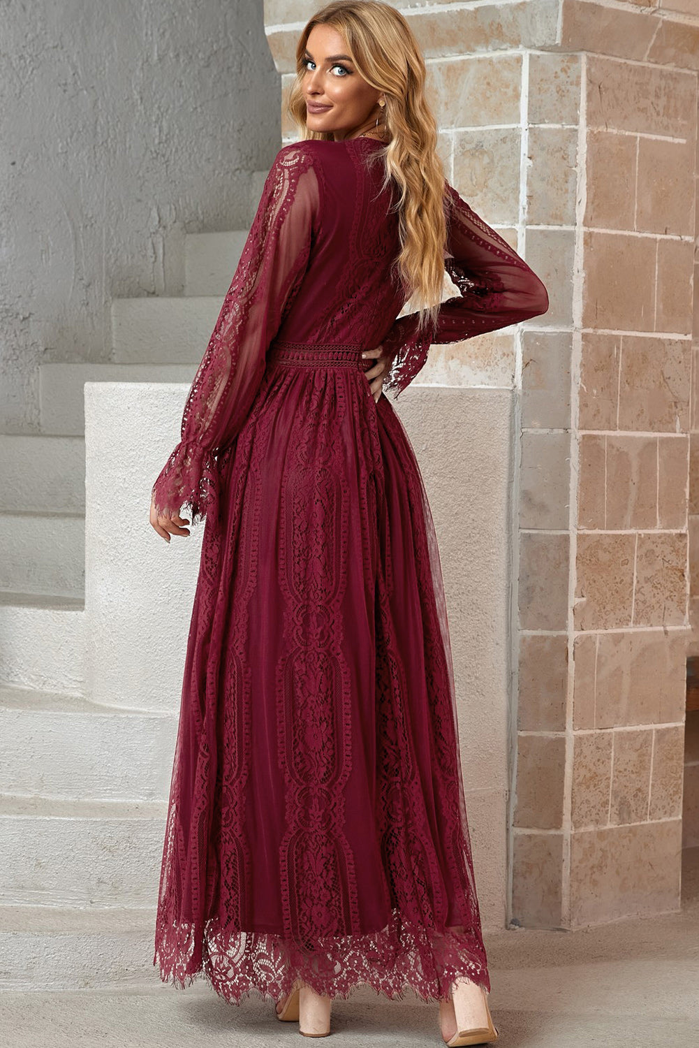 Scalloped Lace Maxi Dress in Wine and White