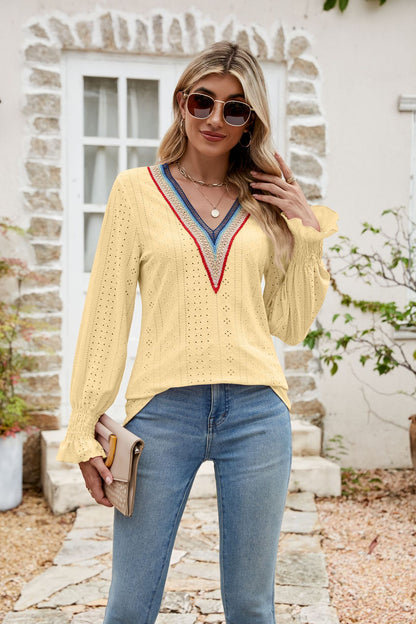 Double Rainbow V-Neck Boho Long Sleeve Knit Blouse | 7 Colors