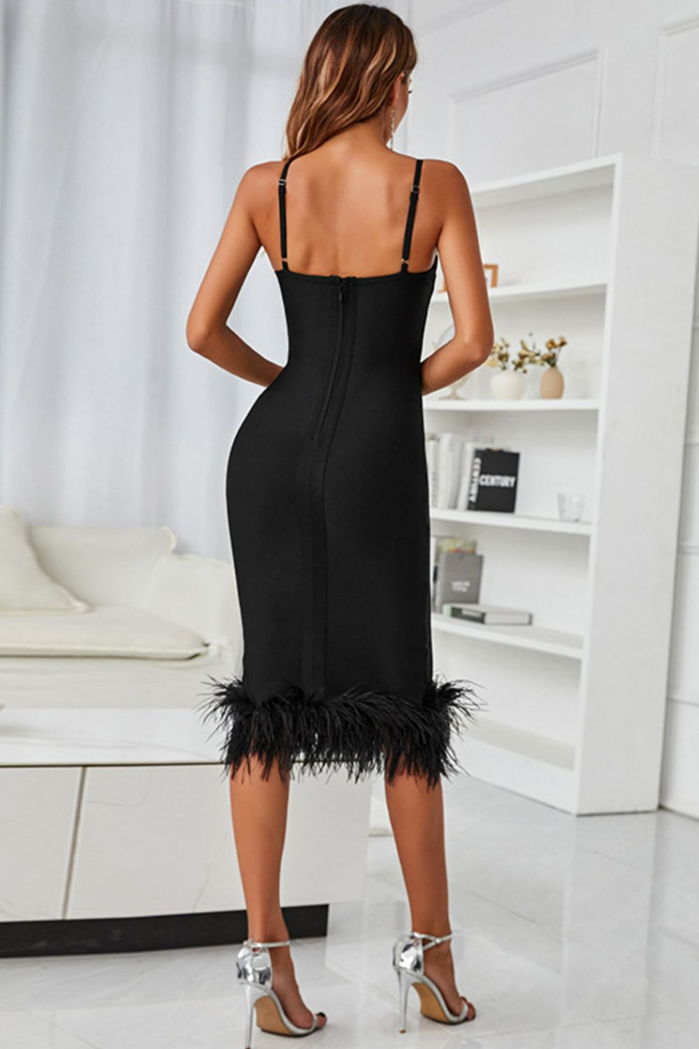 Cordelia Glamour Feather-Trimmed Bodycon Cocktail Dress in Solid Black