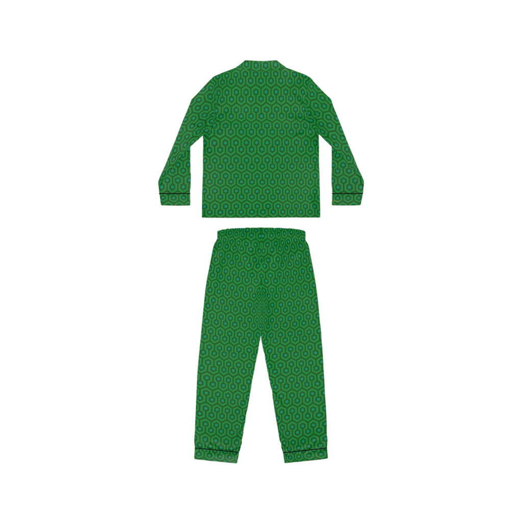 Pajama Game in Green Hotel Hexagon Satin 2 Piece Button Up PJ Set