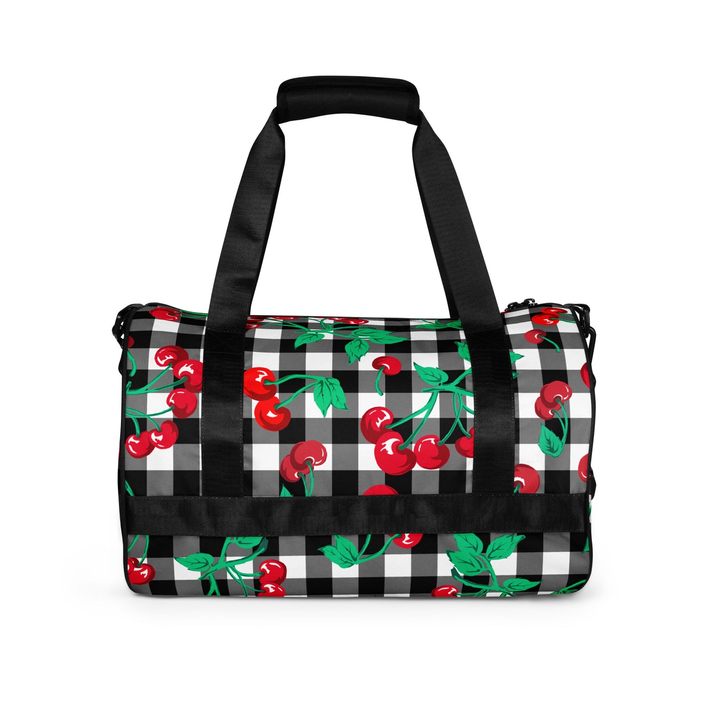 Black Gingham Cherry Girl Gym Duffle Workout Bag | Pinup Couture Relaxed