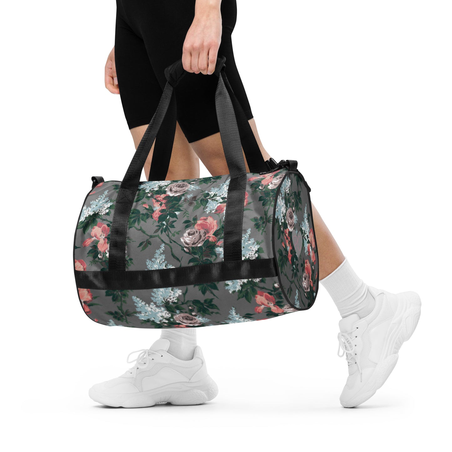 Hillary Overnighter Carry On Workout Duffle Bag in Grey Bella Roses | Pinup Couture Relaxed