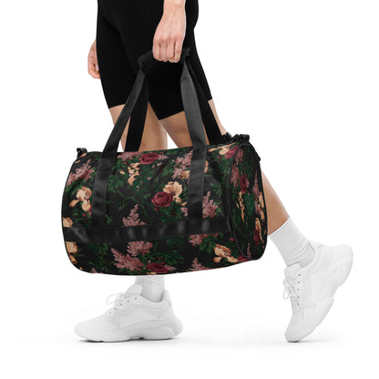 Hillary Overnighter Carry On Workout Duffle Bag in Dark Bella Roses Floral | Pinup Couture Relaxed