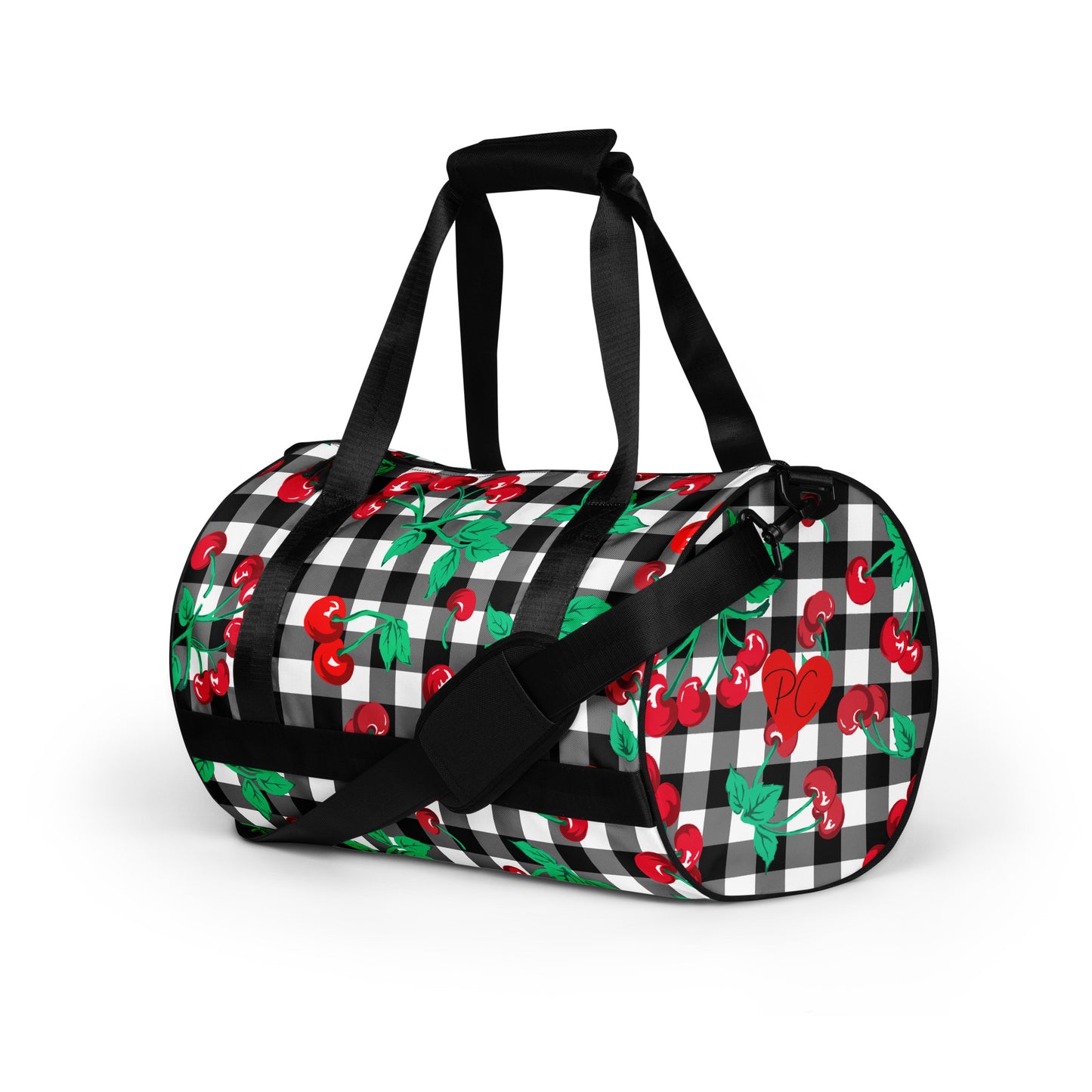 Black Gingham Cherry Girl Gym Duffle Workout Bag | Pinup Couture Relaxed